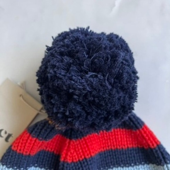 Pact Kids 100% Cotton Knit Pom Pom Beanie Hat Blue Red Stripes OS NWT - Picture 2 of 8